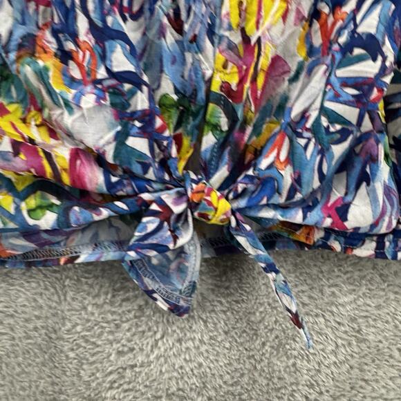 SNOSKINS Top Womens XL Blue Stretch Tie Hem V- Neck Elbow Sleeve Art to Wear - Picture 6 of 13